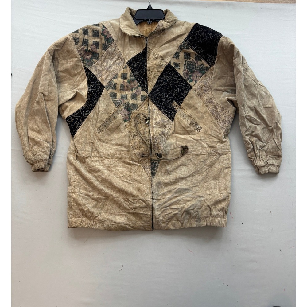 The Legend Vintage Tan Patchwork Suede Leather Jacket Mens Medium Floral Zip Up